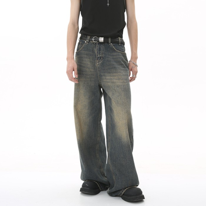 Retro Hong Kong Style Distressed Loose Wide Leg Mopping Jeans
