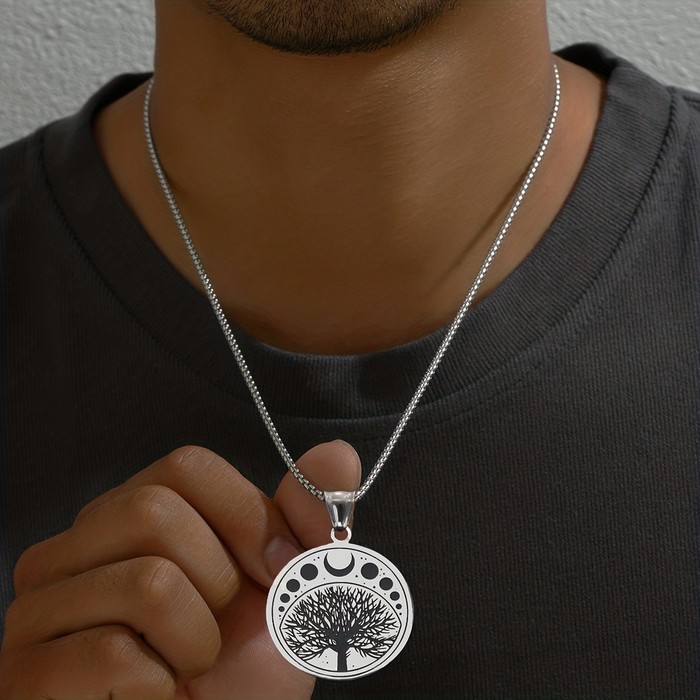 Round Stainless Steel Tree Life Pendant Necklace Fashion Trend Men Necklace Decoration
