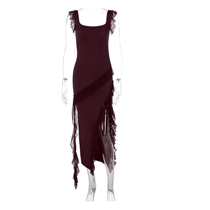Ruffle Thigh High Split Dress Women Sexy Spaghetti Strap Square Neck Backless Suspender Dresses For Evening Praty Clothing