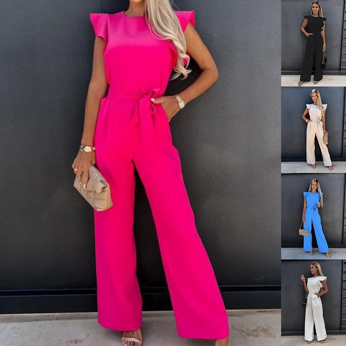 Ruffled Jumpsuit With Belt Summer Fashion Pockets Sleeveless Overall Pants Straight Onesie Trousers