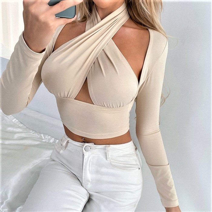 Sexy Cross Neck Loose T-shirt With Shoulder Cuff Cutout Top
