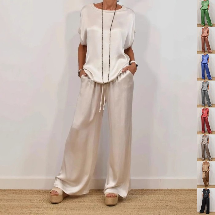 Short-sleeved Suits Loose Button Down Shirt And Wide Leg Pants Set Women's Casual Two Piece Outfit For Daily Wear