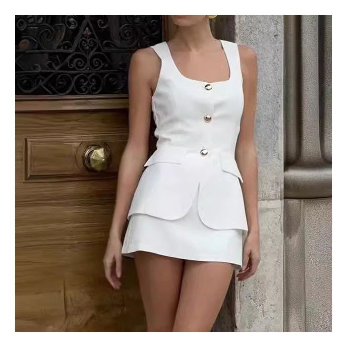 Single-breasted Square Collar Sleeveless Top Slim Fit Sheath Sexy Fashion Two-piece Suit
