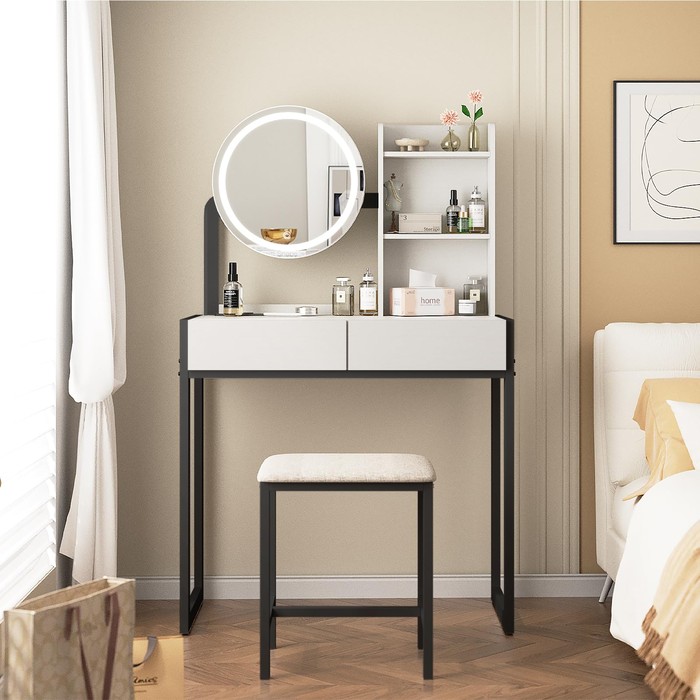 Small Vanity Desk With Mirror And Lights, Makeup Vanity Table With LED Mirror, 3 Lighting Modes, Power Outlet, Drawer, Open Shelves And Cushioned Stool For Bedroom White And Black