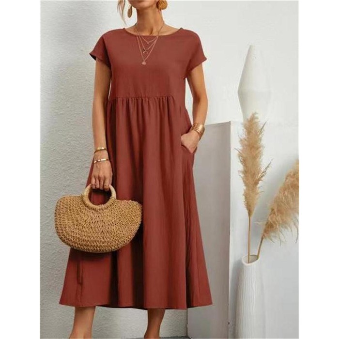 Solid Color Fashion Lantern Sleeve Loose Cotton Linen Skirt