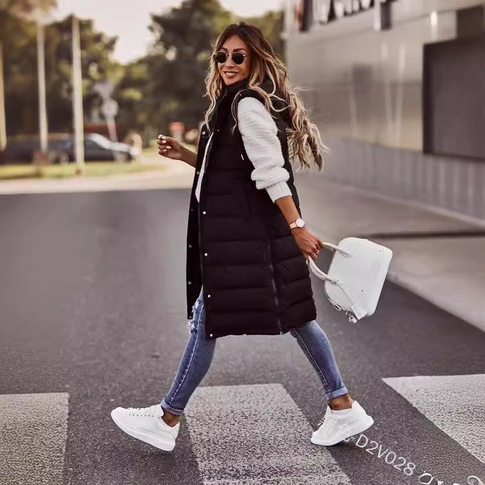 Solid Color Hooded Single-breasted Mid-length Cotton Vest Slim Fit Cardigan Jacket Top