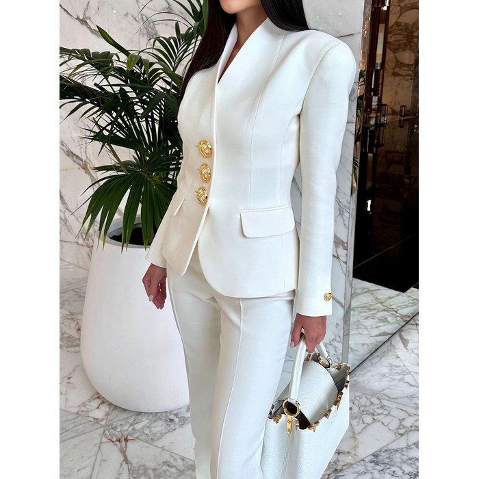 Solid Color Single-breasted Blazer & High-waisted Pants Set