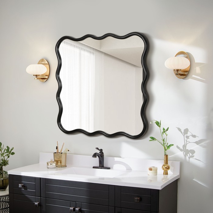 Solid Wood Wavy Square Mirror-Black 36X 36 Modern Mirror Wall Decor For Bathroom, Bedroom, Living Room, Dining Room, Cloakroom, Entryway