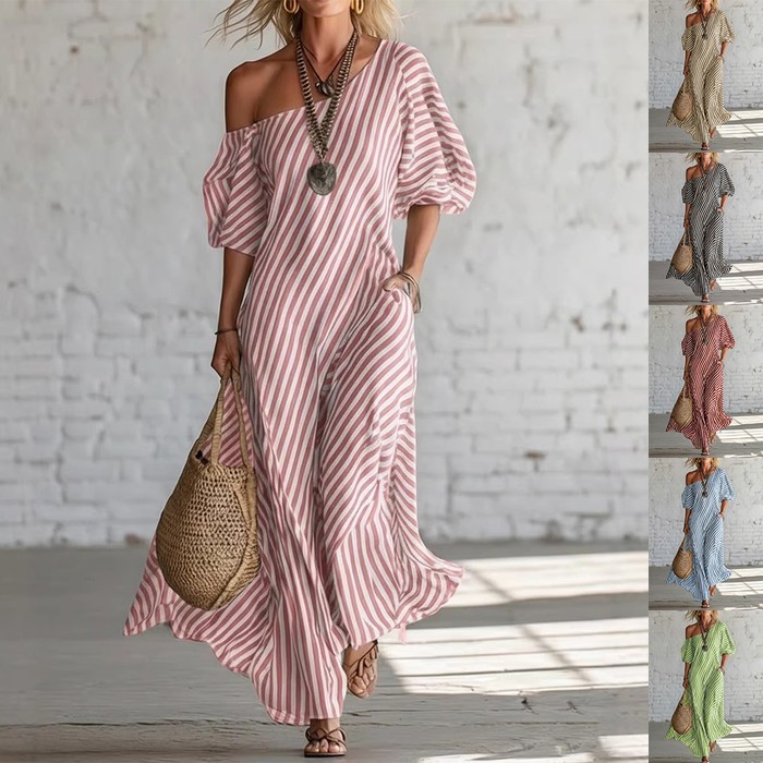 Striped Print Off-Shoulder Dress Summer Fashion Short-Sleeved Maxi Dress Women's Casual Vacation Party Beach Dresses