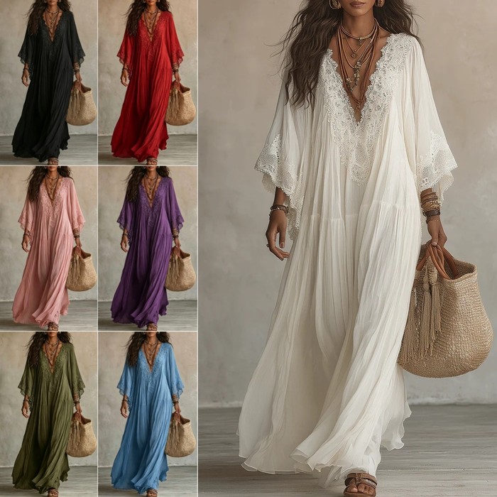 Summer Elegant Solid Dresses Womens Casual Lace Trim V Neck Flowy Maxi Dress Beach Holiday Party Maxi Dresses