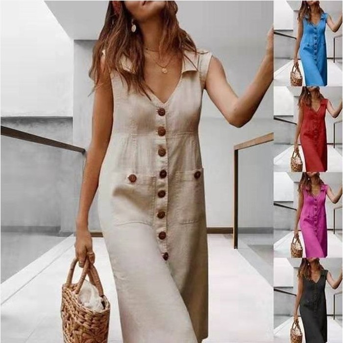 Summer Fashion V-Neck Button Dress Women Sleeveless Office Party Casual Dresses