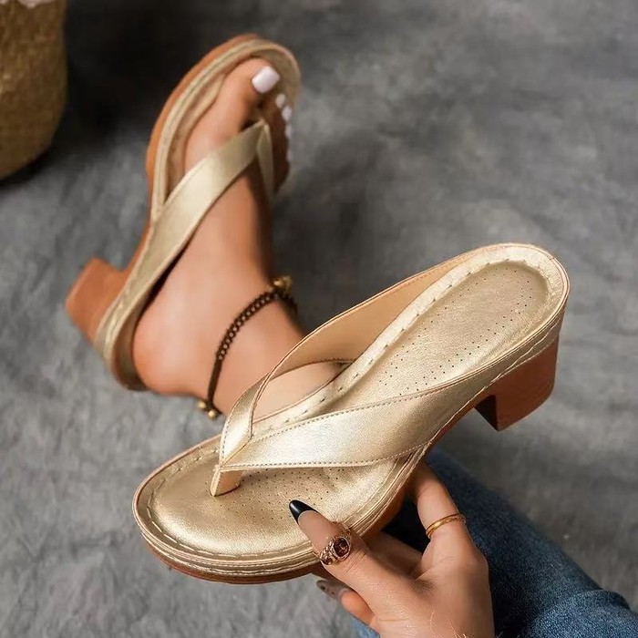 Summer Flip-flops Shoes Fashion Solid Color Square-heeled Sandals Women's Wedges Slides Shoe