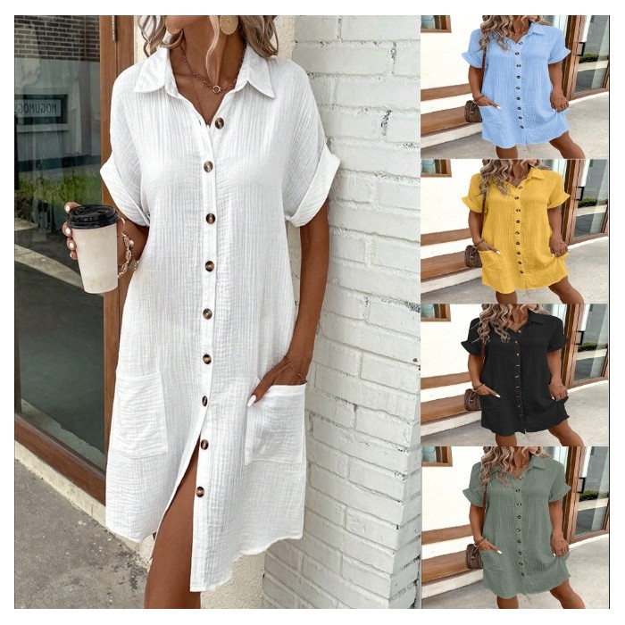 Summer Short Sleeve Shirt Dress Fashion Solid Color Single-breasted Mid-length Loose Dress