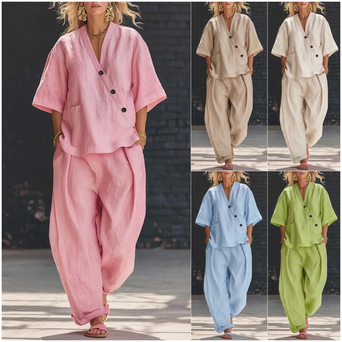 Summer Short-sleeved Suits Loose-fit V-neck Top And High-waist Trousers Women's Two-piece Set