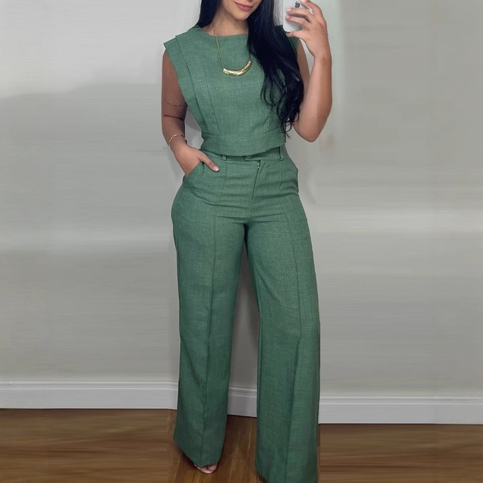 Summer Sleeveless Suit Fashion Round Neck Vest Top And Pocket Straight Pants Casual Trousers Set For Women Clothing