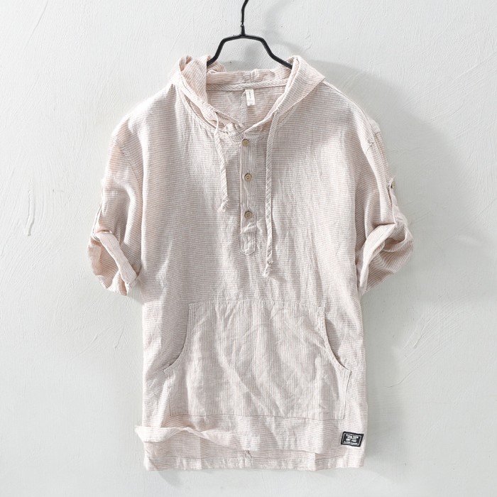 Summer Striped Men'S Hooded Cotton And Linen T-Shirt Drawstring T-Shirt