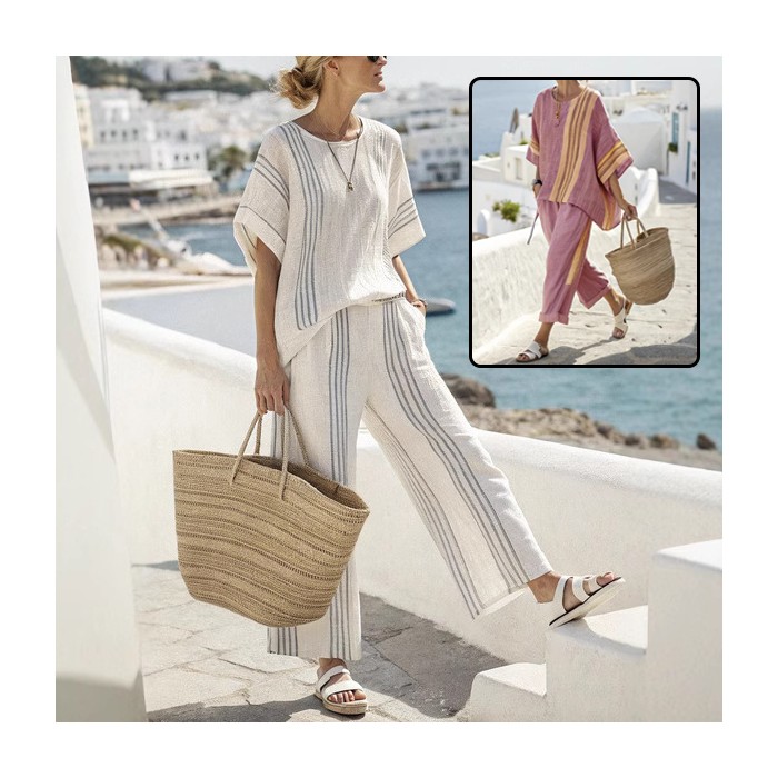 Summer Striped Suits Loose Batwing Sleeve T-shirt And Solid Straight-leg Pants