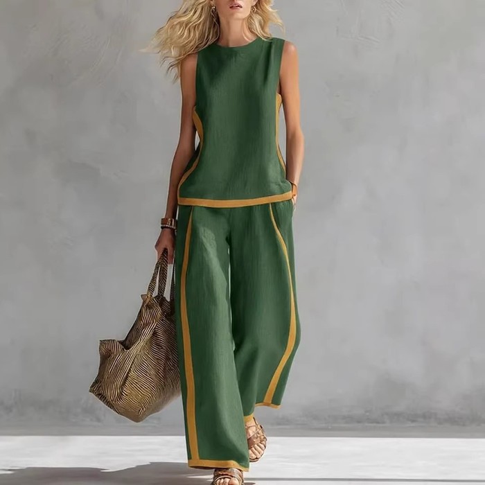 Summer Suits Round-neck Sleeveless Vest Top And High-waist Wide-leg Pants Casual Loose Set