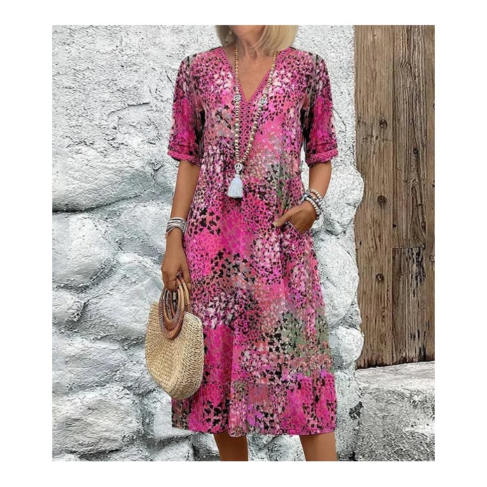 Summer V-neck Half-sleeved Dress With Pockets Fashion Ethnic Print Dresses Beach Holiday Clothing For Women