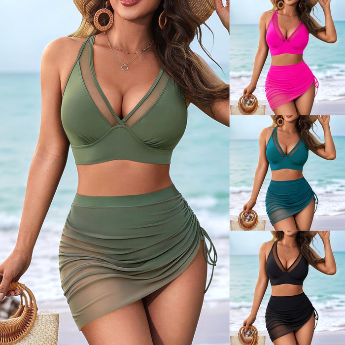 Two Piece Mesh Swimsuit Fashion Solid Color Stitching Drawstring Beachwear Women's Suit