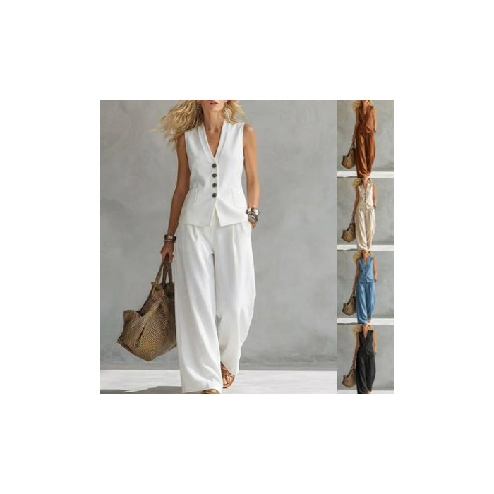 Two-piece V-Neck Sleeveless Vest And Wide Leg Pants For Women Summer Solid-Colored Sleeveless Casual Linen Tank Top And Pants Set