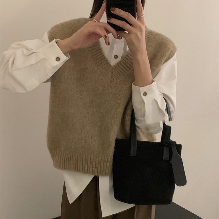 V-neck Knitted Vest Women's Autumn And Winter Idle Style Bandage Dress Pullover Bottoming Sweater