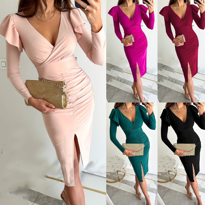 V-neck Solid Color Long Sleeve Dress