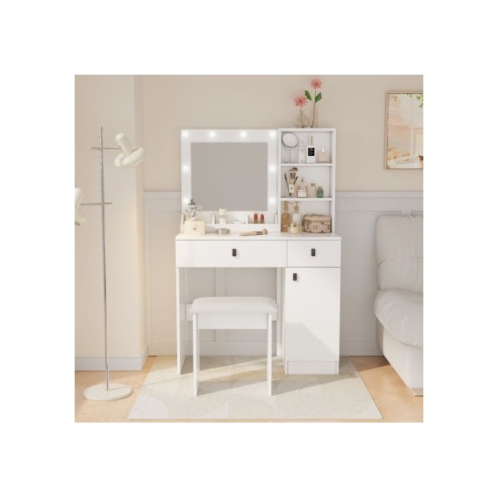 Vanity Desk With Lights, Vanity Set With Mirror, Makeup Vanity Desk With Large Drawers Three Level Storage Dreeser, VanitysVanities With 3 Lights Brightness Adjustable For Bedroom, White