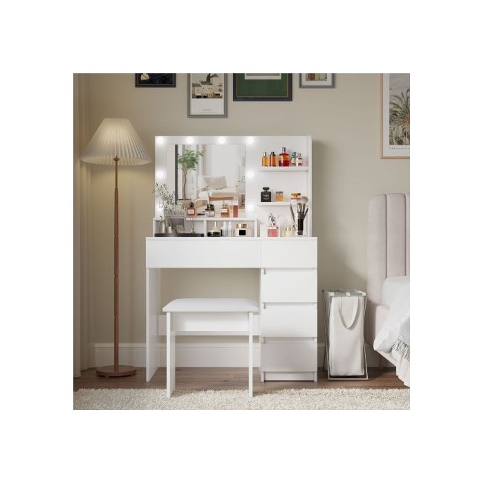 Vanity, Makeup Vanity Desk Set With Mirror & Light, Dressing Table Storage Lots With Power Strip, 3 Lighting Modes With Adjustable Brightness, 37 Inches White With Stool