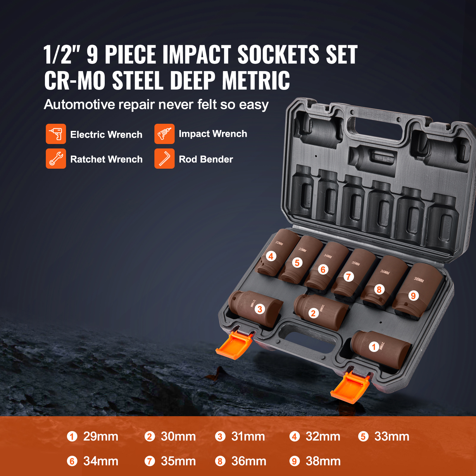 VEVOR Drive Impact Socket Set, 9 Piece Deep Socket Set Metric 29-38mm, 6 Point Cr-Mo Alloy Steel For Auto Repair, Easy-to-Read Size Markings, Rugged Construction, Includes Storage