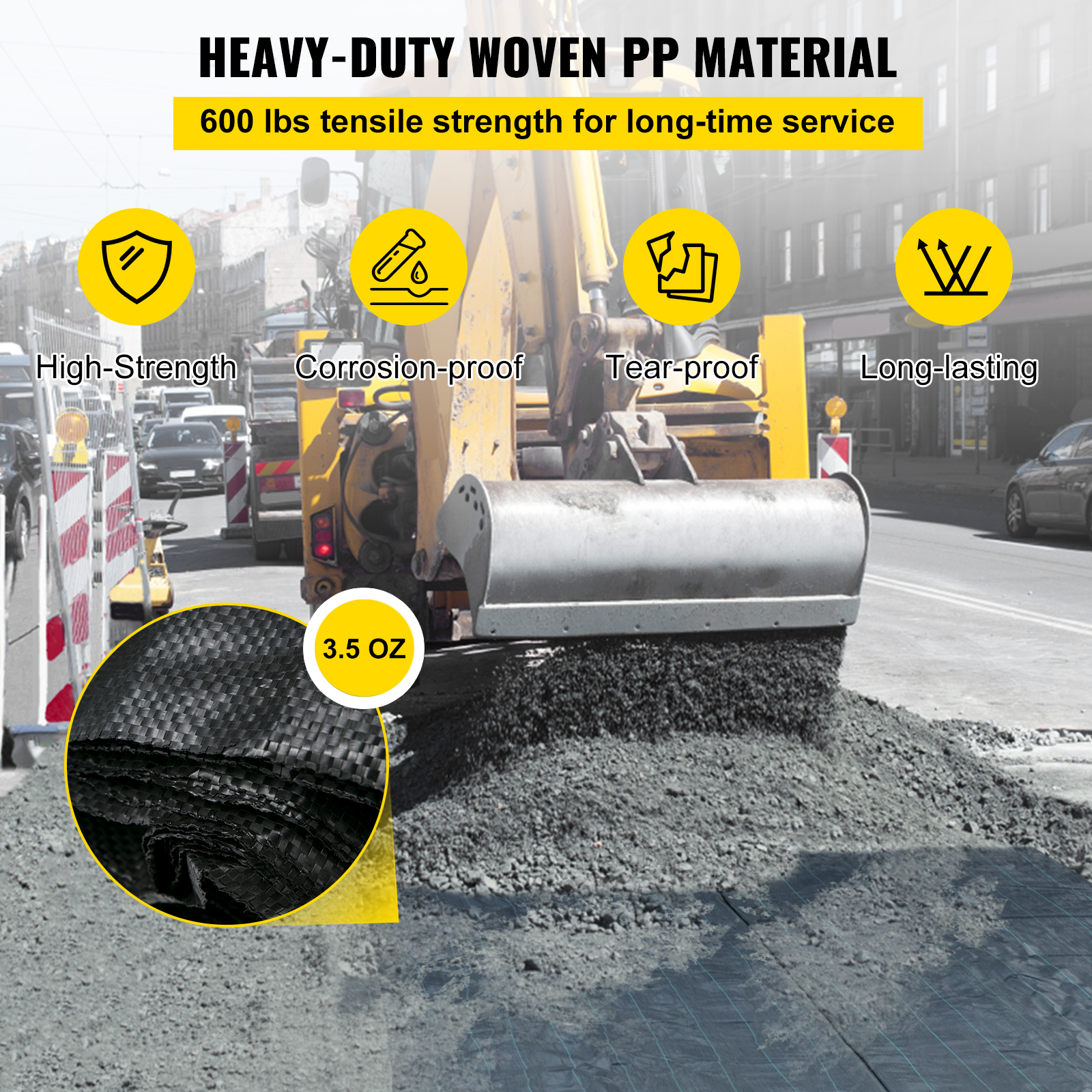 VEVOR Geotextile Fabric, 12.5 X 50 Ft 3.5oz Woven PP Driveway Drain Cloth W 600lbs Tensile Strength, Heavy Duty Underlayment For Soil Stabilization, Landscaping, Weed Barrier, 12.5