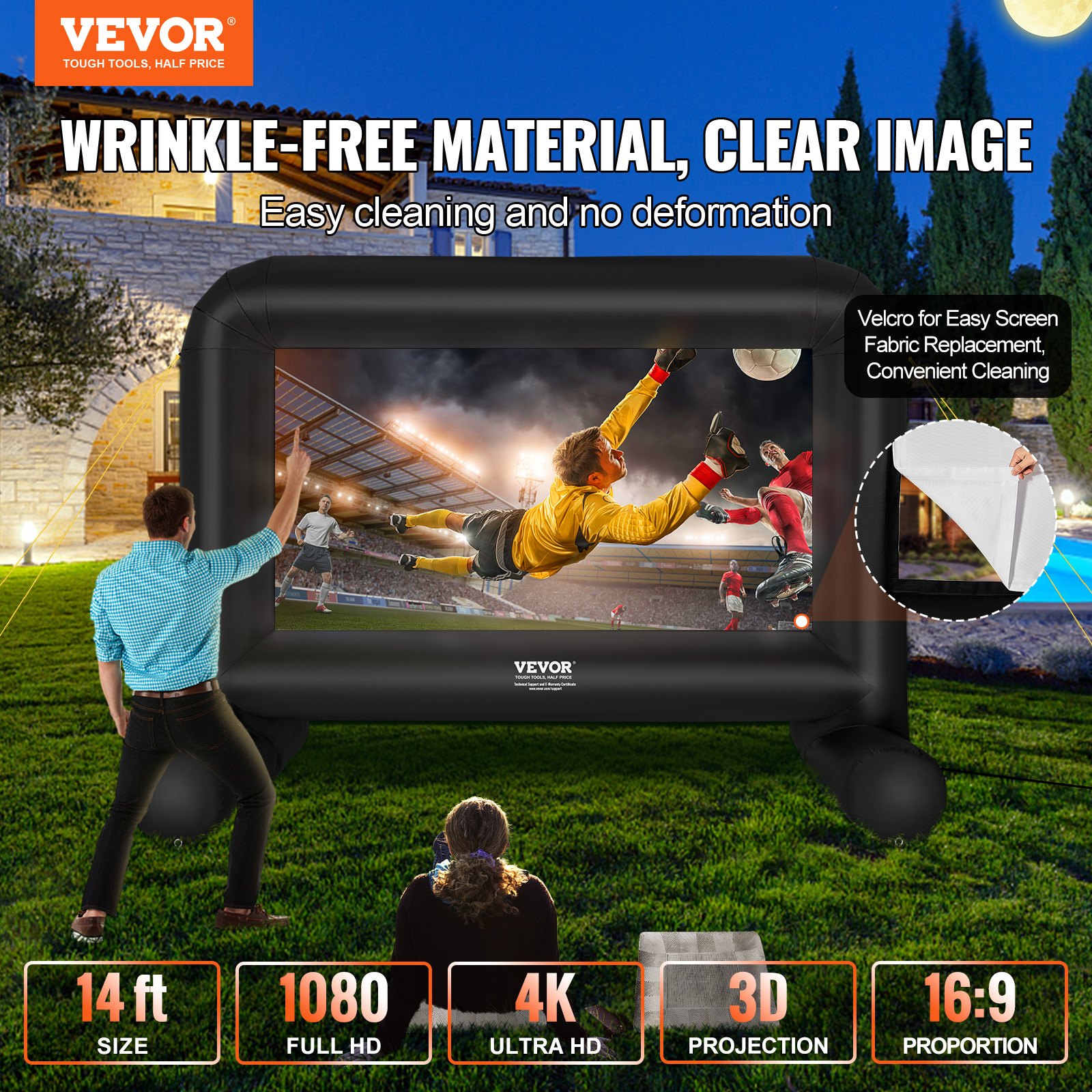 VEVOR Inflatable Movie Screen, 14 FT 168inch Inflatable Projector Screen For Outside With Blower And Carrying Bag, Front Rear Projection, Oxford Fabric Blow Up Screen For Outdoor P