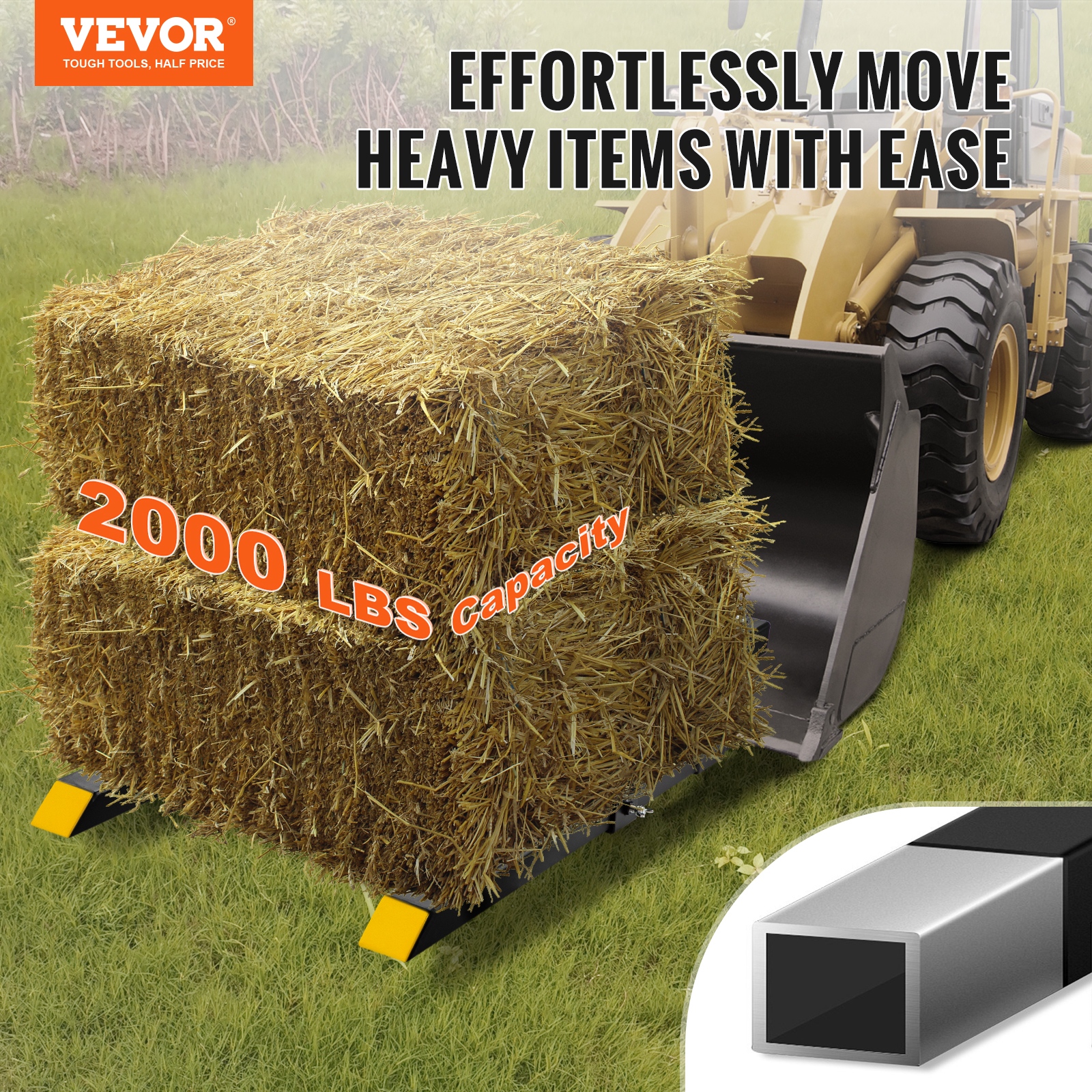VEVOR Pallet Forks, 2000 Lbs Clamp On Pallet Forks,Total Length Tractor Bucket Forks With Adjustable Stabilizer Bar, Heavy Duty Pallet Forks For Tractor Attachments, Skid Steer, Lo