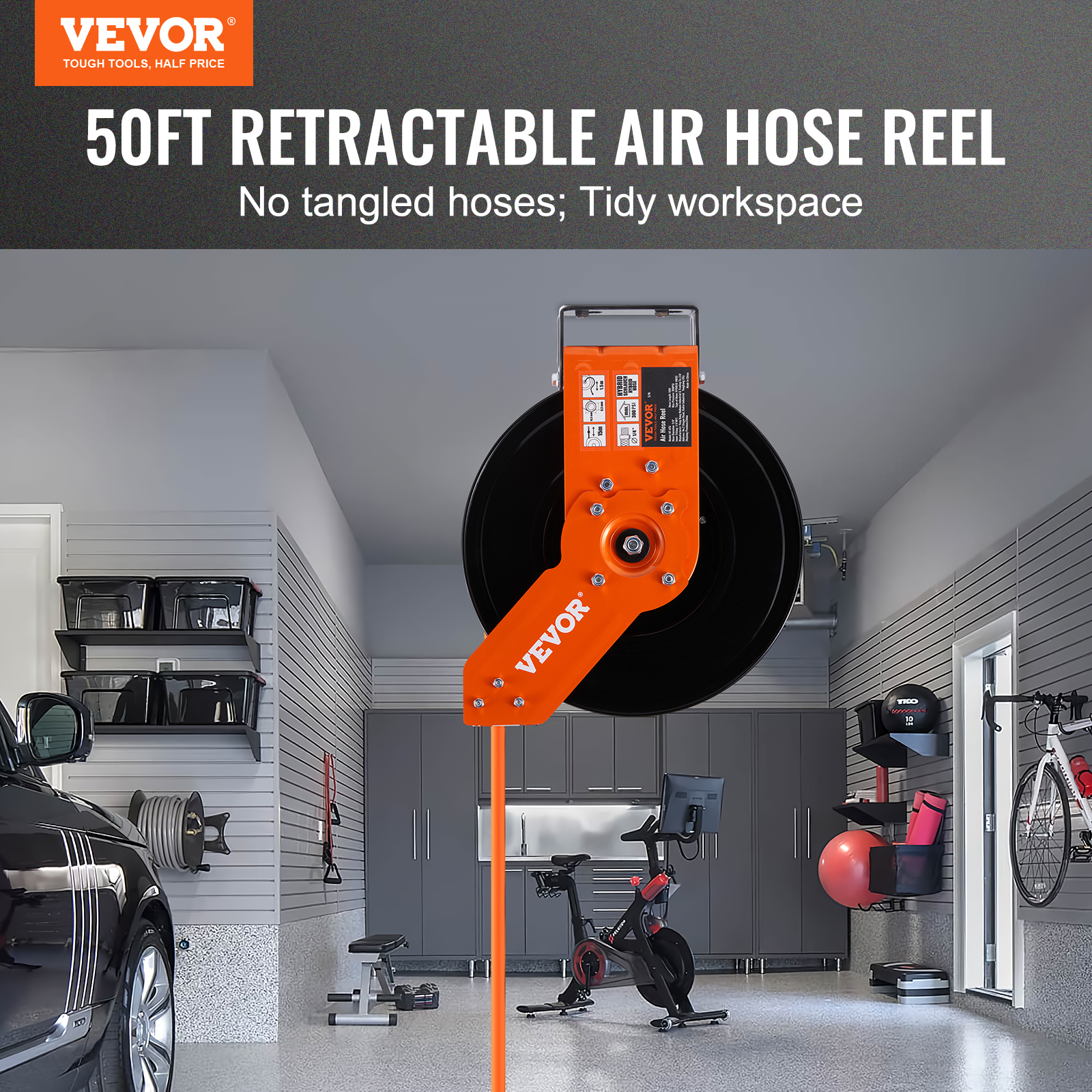 VEVOR Retractable Air Hose Reel, 50 FT Hybrid Air Hose Max 300PSI, Air Compressor Hose Reel With 5 Ft Lead In, Ceiling Wall Mount Heavy Duty Single Arm Steel Reel
