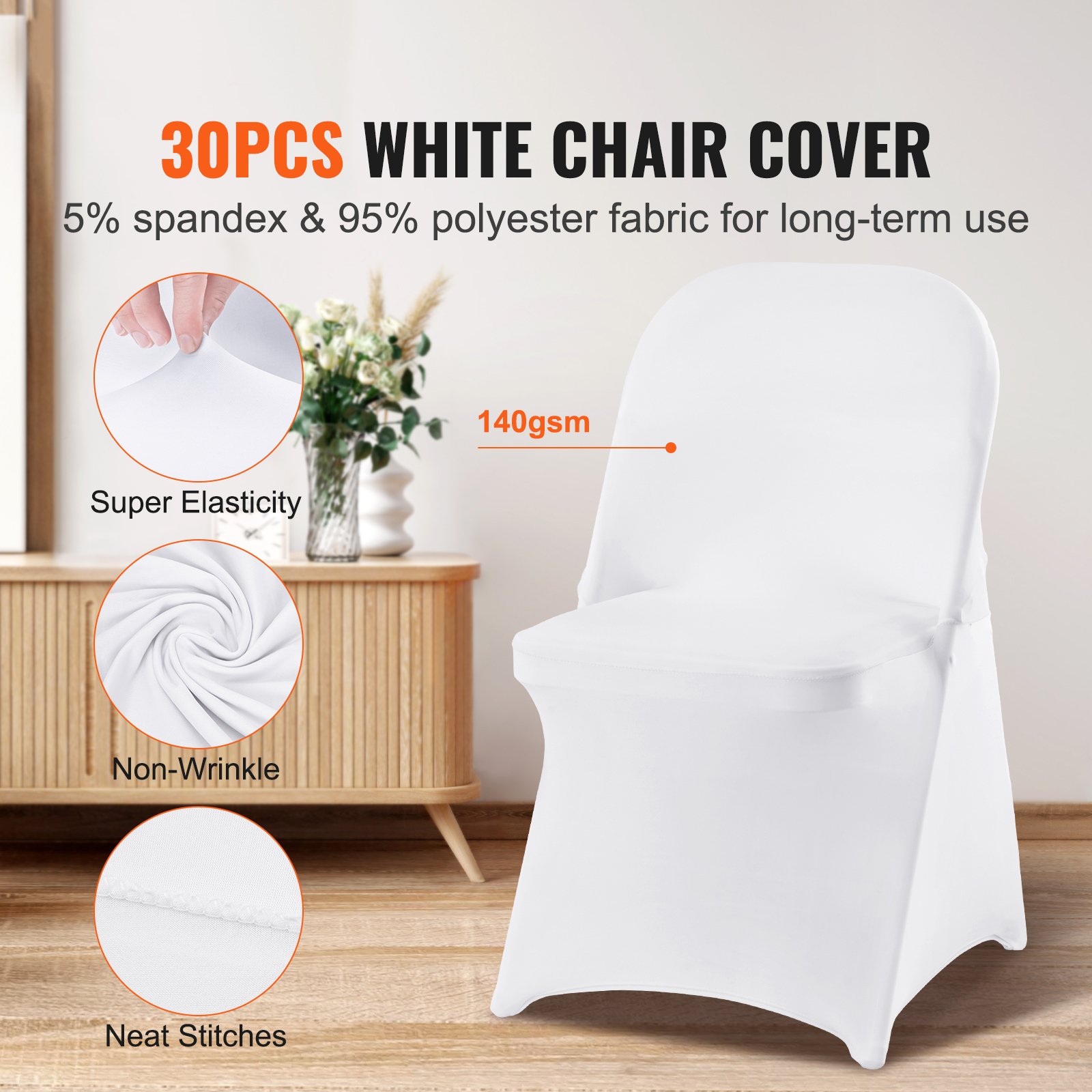 VEVOR White Stretch Spandex Chair Covers - 30 PCS, Folding Kitchen Chairs Cover, Universal Washable Slipcovers Protector, Removable Chair Seat Covers, For Wedding Party Dining Room