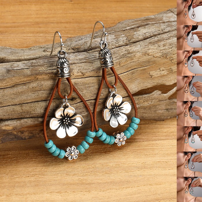 Vintage Earrings Ethnic Style Antique Silver Flower Turquoise Rope Pendant Women's Jewelry