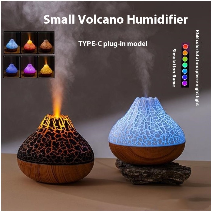 Volcano Humidifier Wood Grain Fog Mute Seven-color Ambience Light