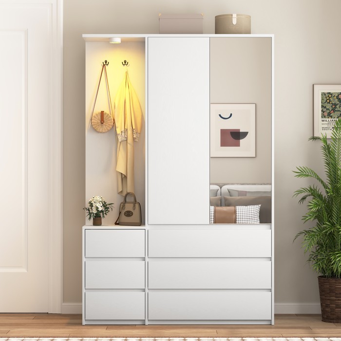 Wardrobe Closet 71.7 H, Bedroom Wooden Wardrobe With 2 Doors 6 Drawers, Modern Clothing Storage Cabinet Combination With Storage Shelves And Hanging Rail, White