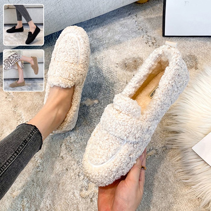 Winter Plush Flats Shoes Ins Fashion Slip On Loafers Women's Warm Peas Shoes