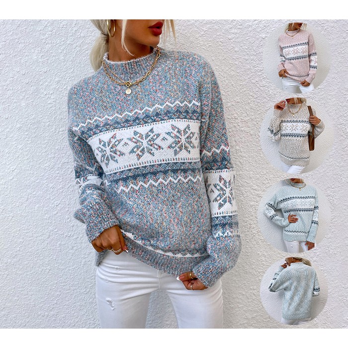 Winter Snowflake Sweater Fashion Half Turtleneck Pullover Knitted Tops Women's Christmas Clothing