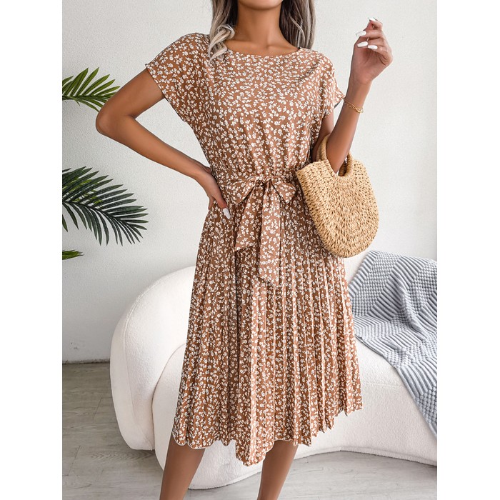 Women Casual Short Sleeve Floral Print Flowy Pleated Skirt