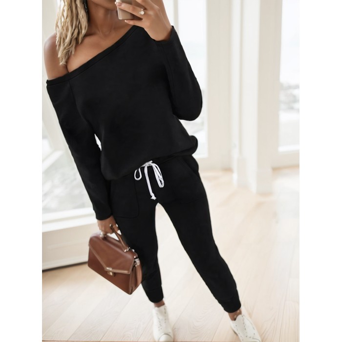 Women'S Black Off-Shoulder Long Sleeve Jumpsuit