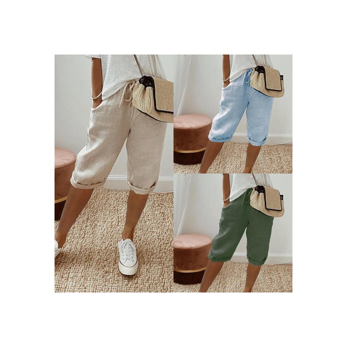 Women's Cotton And Linen Pocket Elasticated Slacks Women's Fifth Pants