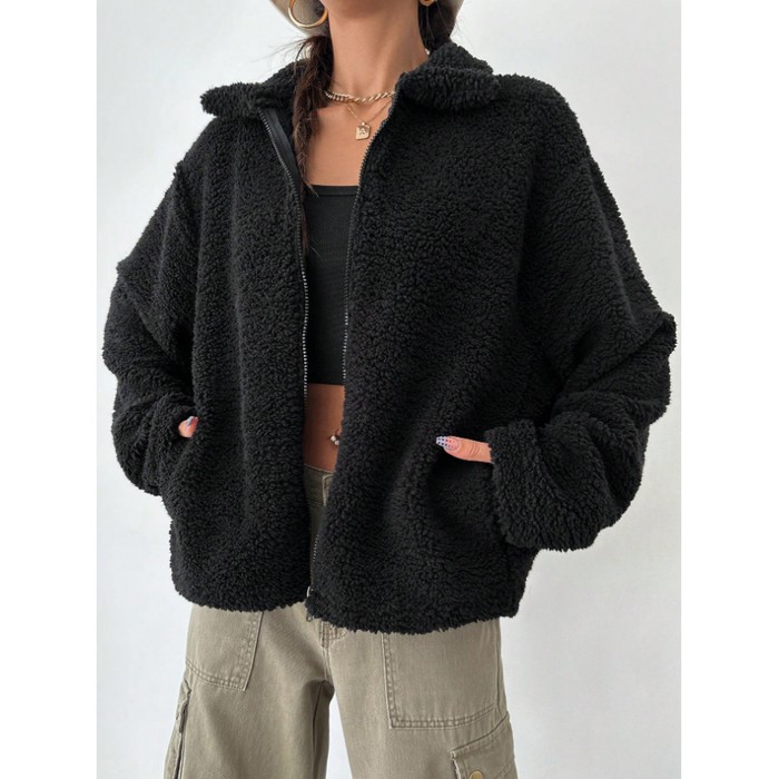 Women's Regular Fit Teddy Fleece Drop Shoulder Jacket