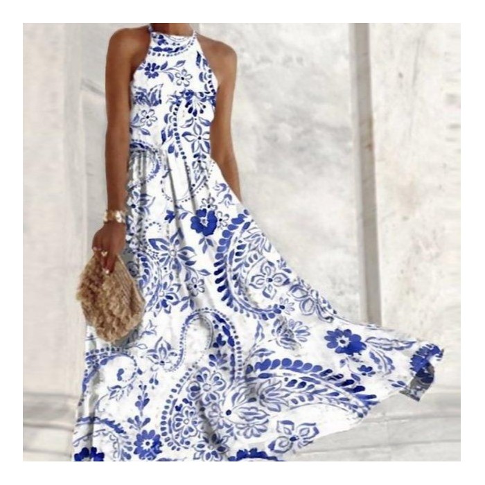 Women's Sleeveless Blue And White Porcelain Color Matching Long Comfortable Dress