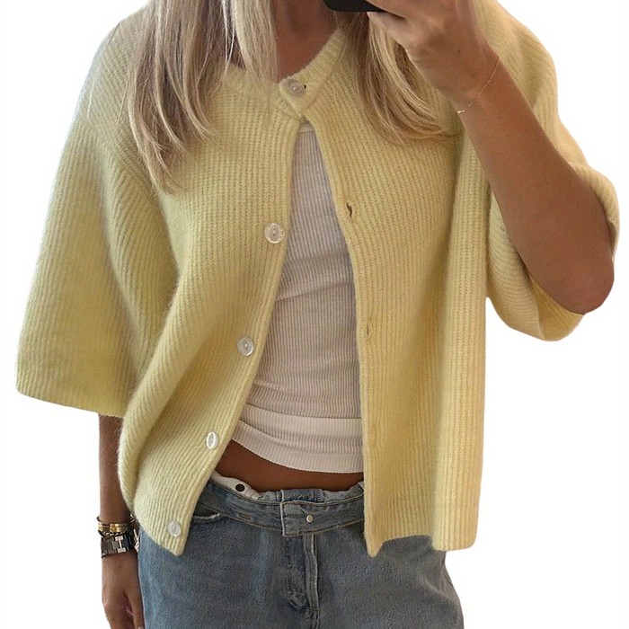 Women's Solid Color Short-sleeved Cardigan Round Neck Button