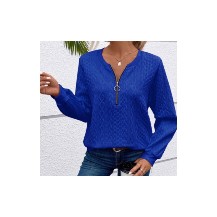 Women's Sports Pullover Zipper Sweater Loose V-neck Long Sleeve