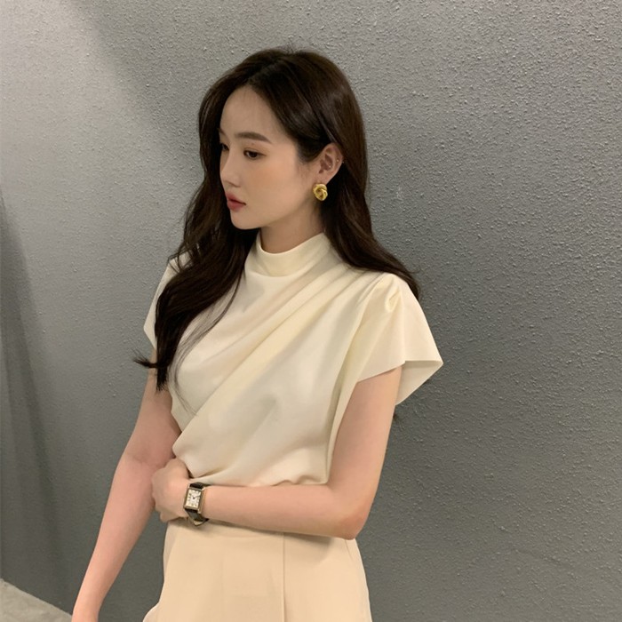 Women's Stand Collar Oblique Pleated Shirt Top
