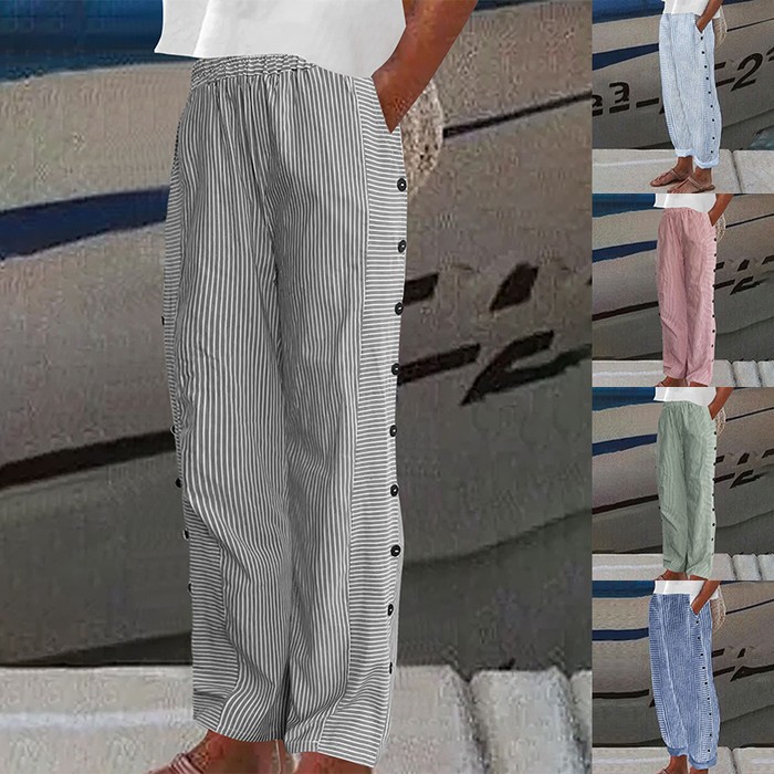 Women's Striped Casual Trousers Lightweight Blend Stretch Pants
