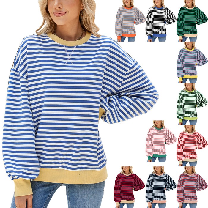 Women's Stripes Round Neck Contrast Color Loose Long Sleeve Sweatershirt